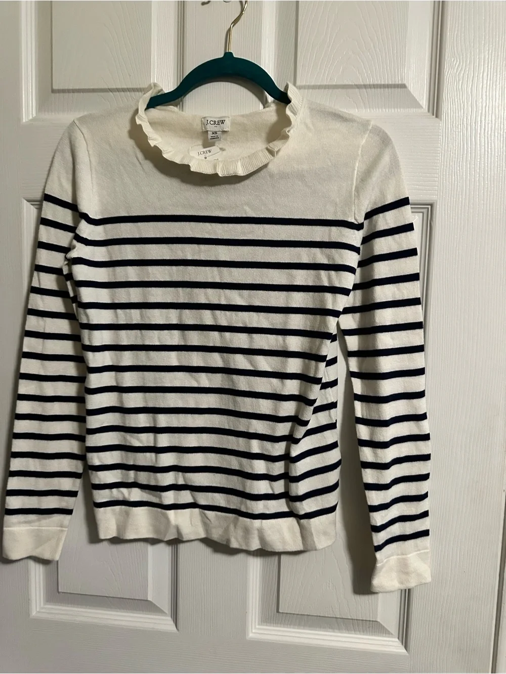 J. Crew Cream and Navy Striped Ruffleneck Sweater NWT XS